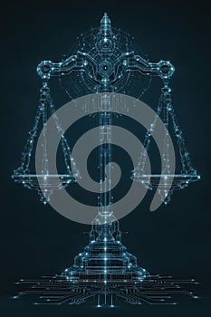 Futuristic digital scale illuminated with glowing lights and technological elements