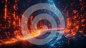 Glowing Digital Road, Futuristic Tunnel, Data Stream, Abstract Background