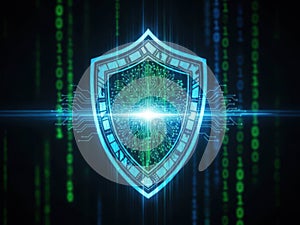 Digital shield with circuitry and binary code background