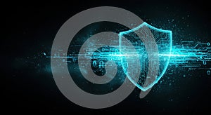 A glowing digital shield representing cybersecurity and data protection in a modern tech world