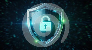 Digital shield icon with unlocked padlock representing cybersecurity data protection and network security