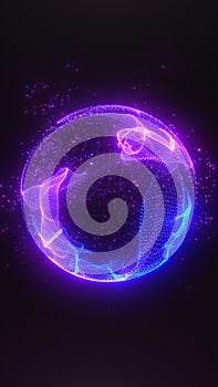 Glowing digital sphere made of purple and blue dots on a dark background