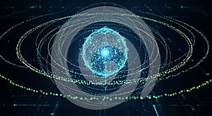 Futuristic digital sphere with glowing nodes and orbiting particles on a dark background