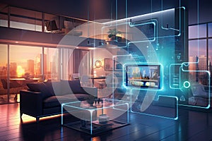 Glowing digital tablet in modern living room interior. 3D Rendering, A smart home interior connected with an internet connection,