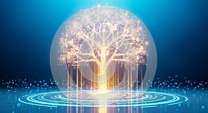 Glowing digital tree with binary code on blue background technology data