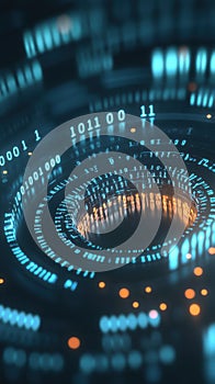 glowing digital vortex with binary code and futuristic lights, symbolizing AI and data flow