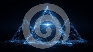 Glowing digital wireframe pyramid with particle network