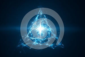 Glowing digital wireframe pyramid with particle network