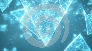 Glowing digital wireframe pyramid with particle network