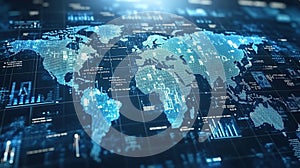 A glowing digital world map with complex data visualizations and futuristic technological elements