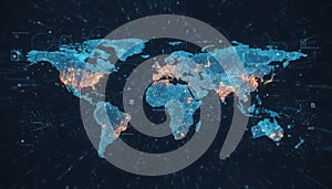 A glowing digital world map visualization with interconnected networks and data points symbolizing global communication technology