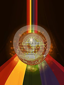 Glowing disco ball over rainbow portrait background