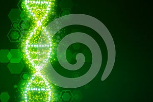 Glowing DNA helix on blurry green background. Medical and heredity genetic health concept. Technology science.