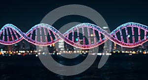 Glowing DNA Helix Over Night Cityscape