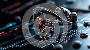 A glowing DNA helix surrounded by digital security icons, representing bioinformatics and the integration of technology