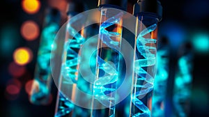 Glowing DNA strands in test tubes with blue light reflection concept of genetic testing biotechnology research and molecular