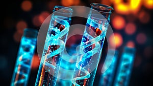 Glowing DNA strands in test tubes with blue light reflection concept of genetic testing biotechnology research and molecular