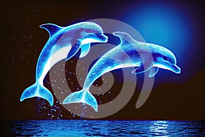 Glowing dolphin jumping out of water, Generative AI