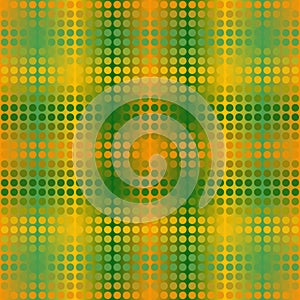 Glowing dot pattern. Vector seamless background in green, orange