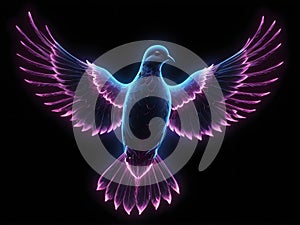A glowing dove with radiant pink and purple Kirlian-style wings emits a soft, ethereal light against a pitch-black background photo