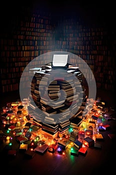 glowing ebook reader surrounded by physical books