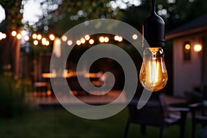 Glowing Edison Light Bulb Hanging in a Backyard at Dusk, generative ai