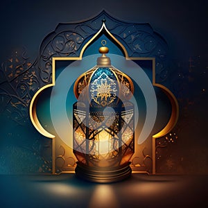 Glowing in an elegantly richly decorated lantern in a blue gate. Lantern as a symbol of Ramadan for Muslims