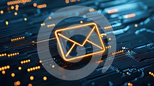 Glowing email envelope on circuitry, symbolizing digital communication, network, and data transfer
