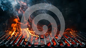 Glowing Embers and Lively Flames in a Barbecue Grill, Perfect for Cooking and Warm Evenings. A Mesmerizing Close-up Shot