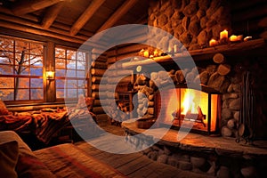 glowing embers in log cabin fireplace