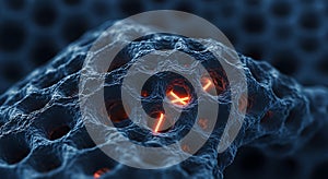 Glowing energy within a deep blue cellular lattice