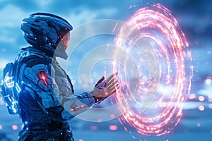 A glowing energy shield forming around a futuristic soldier standing in a desolate battlefield photo
