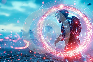 A glowing energy shield forming around a futuristic soldier standing in a desolate battlefield photo