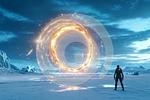 A glowing energy shield forming around a futuristic soldier standing in a desolate battlefield photo