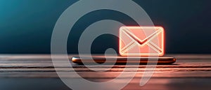 Glowing Envelope Icon on Mobile Device Suggesting Cybersecurity Awareness Campaign on a Wooden Surface Against a Dark Gradient photo