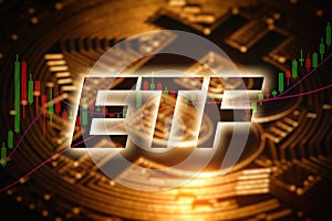 Glowing ETF text over a defocused golden bitcoin. Cryptocurrency, exchange and marketing concept