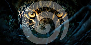 The glowing eyes of a leopard at night, a close-up that pierces through the darkness , concept of Animal camouflage