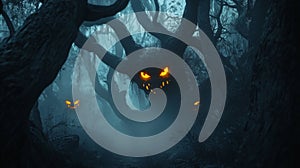 Glowing Eyes of a Monsterous Tree in a Foggy Forest