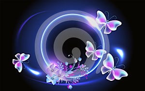 Glowing fairytale neon round frame with magical transparent butterflies and flowers. Abstract fantastic background