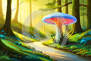 Glowing Fantasy Mushroom In Magical Enchanted Fairy Tale Forest, Banner Size, . Generative AI