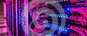 Glowing Fiber Optic Cables in Network Server. Generative ai