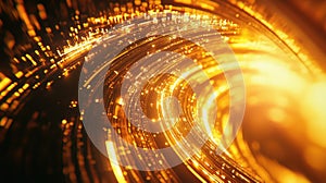 Glowing fiber optic network transmitting digital data stream