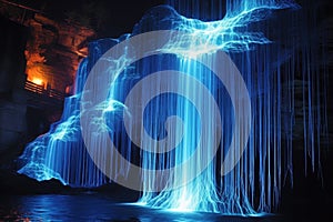 glowing fiber optic strands cascading like a waterfall