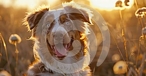 Glowing Fields: An Australian Shepherd's Sunset Adventure Generative AI