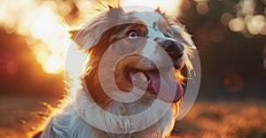 Glowing Fields: An Australian Shepherd's Sunset Adventure Generative AI