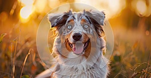 Glowing Fields: An Australian Shepherd's Sunset Adventure Generative AI