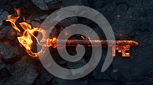 A glowing, fiery key lying on cracked volcanic earth, symbolizing heat, mystery, and unlocking potential