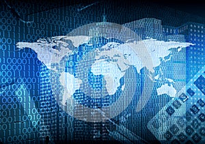 Glowing figures and world map. Hi-tech background