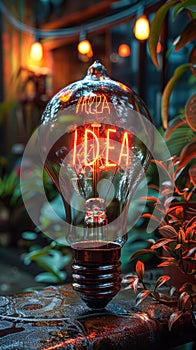 Glowing filament light bulb with IDEA inscription symbolizing creativity, innovation, and inspiration, set against a warm