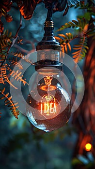 Glowing filament light bulb with IDEA inscription symbolizing creativity, innovation, and inspiration, set against a warm